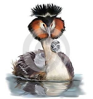 The great crested grebe. Watercolor painting