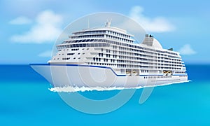 Great cruise liner, ocean, blue sky in flat style.