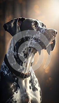 Great Dane dog portrait in a dark room with rays of light. Generative AI