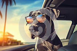 A Great Dane dog is sitting in a car wearing sunglasses