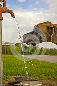 Great Dane drinking water from pump