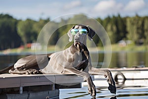 great dane lounging with reflective shades on dock