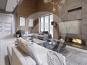 Great design of apartments in a loft style with a brick wall and upholstered furniture and large panoramic windows