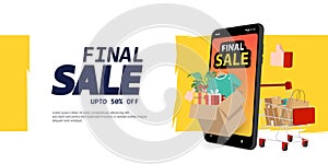 Great discount sale banner design in 3d illustration on blue background, sale smartphone on trolley with credit card, shopping bag