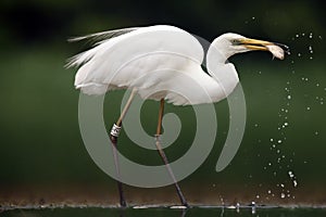 The great egret Ardea alba, also known as the common egret with caught fish. A large white heron marked with an ornithological