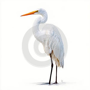 Great Egret Bird White Plumage Orange Beak Long Legs Standing Isolated White Background