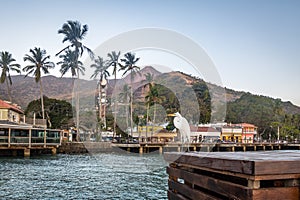 Great Egret and Vila Village Skyline in Ilhabela - Ilhabela, Sao Paulo, Brazil