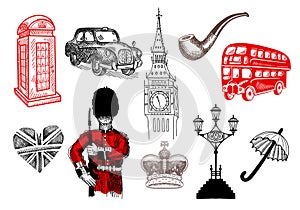 Great English London traditional symbols collection, United Kingdom object set