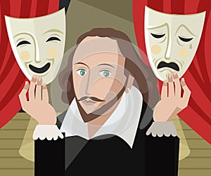 Great english playwright with theater masks on stage