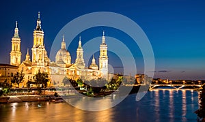 Great evening view of the Pilar Cathedral in Zaragoza. Spain