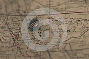 Great Falls, Montana pinned on a map with USA flag photo