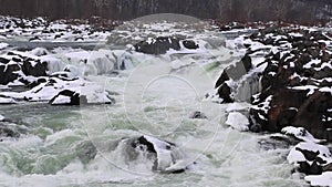 Great Falls Winter White Water Waterfall with Snowy Rocks - Great Falls National Park