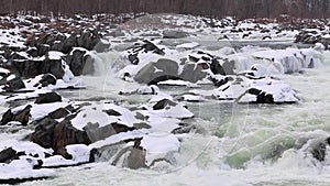 Great Falls - Winter White Water Waterfall with Snowy Rocks - Overhead Shot - Great Falls National Park