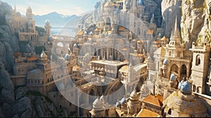 A great fantasy city over a river valley with stone buildings and ancient bridges to cross over to the other side