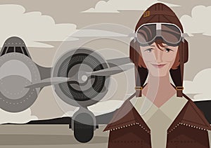 Great female aviator near to a plane