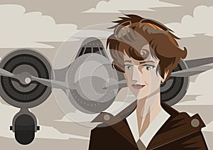 Great female aviator near to a plane