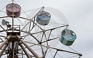 Great Ferris Wheel with round, colorful cabins with printed Animals. Located in Amanohashidate View Land, Miyazu, Japan, Asia