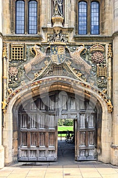 The great gate of Christ`s college university of Cambridge, in Cambridge UK