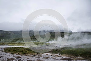 Great Geysir Strokkur in Iceland hot fog geology