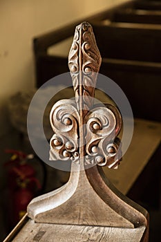 Great Givendale, Yorkshire, UK, 25th March 2019,  carving inside Great Givendale Church on the Chalkland Way