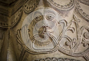 Great Givendale, Yorkshire, UK, 25th March 2019, Stone carving inside Great Givendale Church on the Chalkland Way