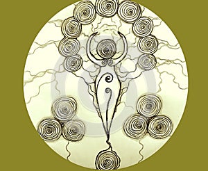 Great Goddess, Mother of the Universe, green olive background? energy and colored deco?