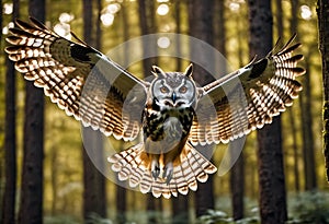 Great gray owl, flying in the morning light. Generative AI