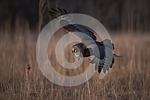 Great gray owl, strix nebulosa, flying in the morning light. Rare bird of prey