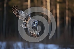Great gray owl, strix nebulosa, flying in the morning light. Rare bird of prey
