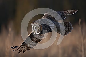 Great gray owl, strix nebulosa, flying in the morning light. Rare bird of prey