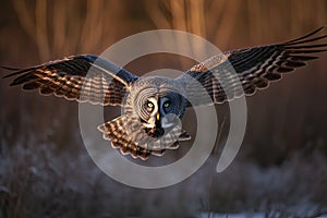 Great gray owl, strix nebulosa, flying in the morning light. Rare bird of prey