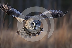 Great gray owl, strix nebulosa, flying in the morning light. Rare bird of prey