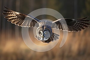 Great gray owl, strix nebulosa, flying in the morning light. Rare bird of prey