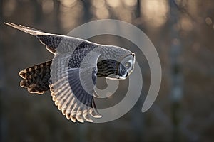 Great gray owl, strix nebulosa, flying in the morning light. Rare bird of prey