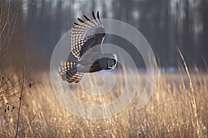 Great gray owl, strix nebulosa, flying in the morning light. Rare bird of prey