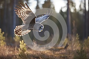 Great gray owl, strix nebulosa, flying in the morning light. Rare bird of prey