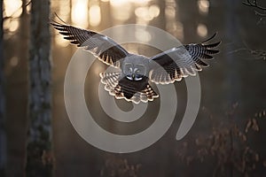 Great gray owl, strix nebulosa, flying in the morning light. Rare bird of prey