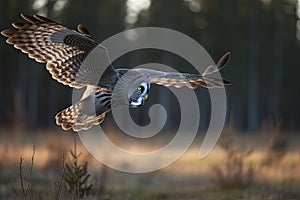 Great gray owl, strix nebulosa, flying in the morning light. Rare bird of prey