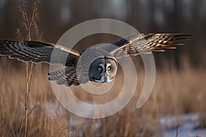 Great gray owl, strix nebulosa, flying in the morning light. Rare bird of prey