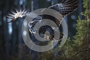 Great gray owl, strix nebulosa, flying in the morning light. Rare bird of prey