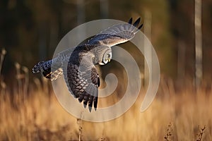 Great gray owl, strix nebulosa, flying in the morning light. Rare bird of prey