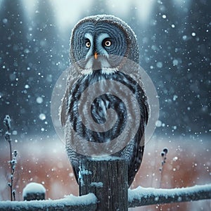 Great grey owl sitting on the post in the falling snow