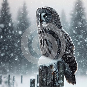 Great grey owl sitting on the post in the falling snow