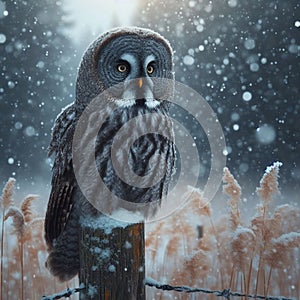 Great grey owl sitting on the post in the falling snow