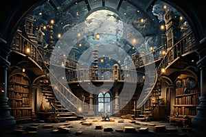 A great hall with a magical library and archive, flying lamps and unsorted letters