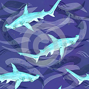 Great hammerhead shark, hand painted watercolor illustration, seamless pattern on blue ocean surface with waves