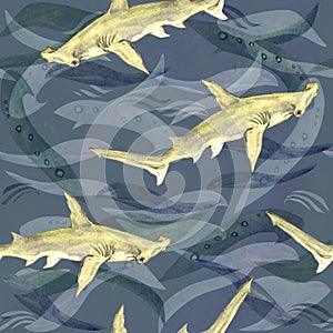 Great hammerhead shark, hand painted watercolor illustration, seamless pattern on green, blue ocean surface with waves