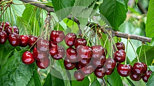 Great harvest of ripe red cherries on a tree branch.