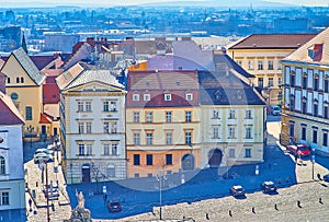 Great historical buildings on Cabbage Market Square Zelny Trh in old town of Brno, Czech Republic