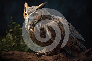 Great horned owl on Black Background.